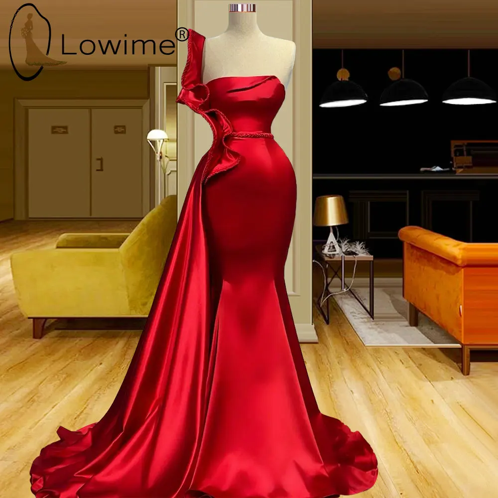 

Elegant Red Long Mermaid Evening Dresses 2022 Simple One Shoulder Strapless Satin Graduation Party Dress Women Prom Gowns Robes