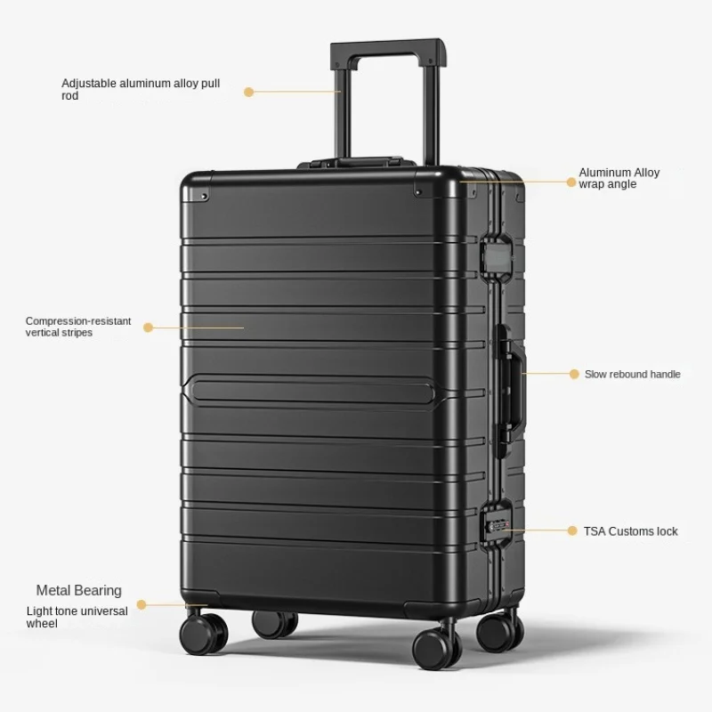 

Large capacity metal suitcase Fall resistant wear resistant high appearance level business travel TSA code lock cardan wheel box