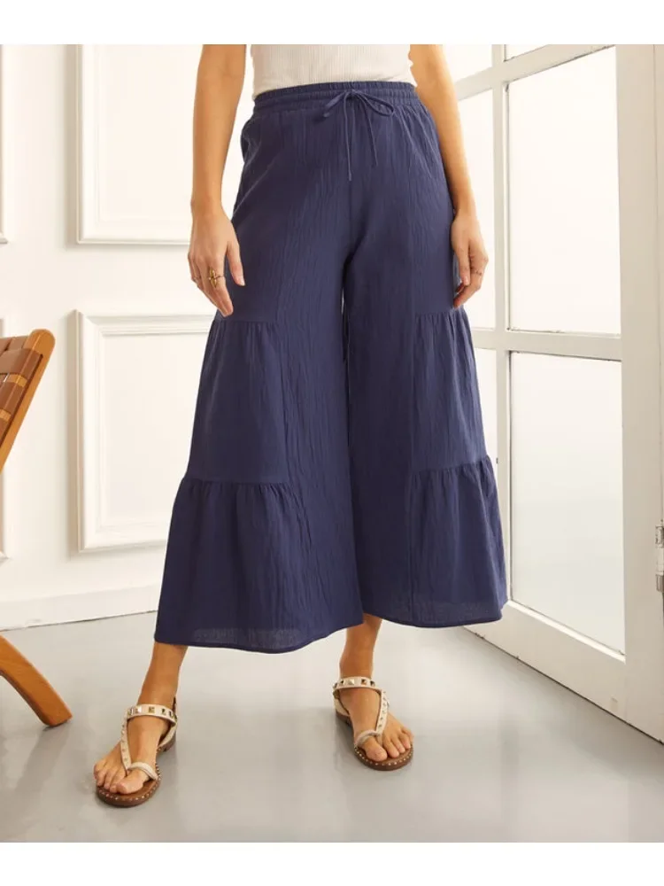 

2024 New Ruffled Vintage Trousers Female Women High Waist Baggy Pantalon Elegant Solid OL Work Fashion Wide Leg Pants