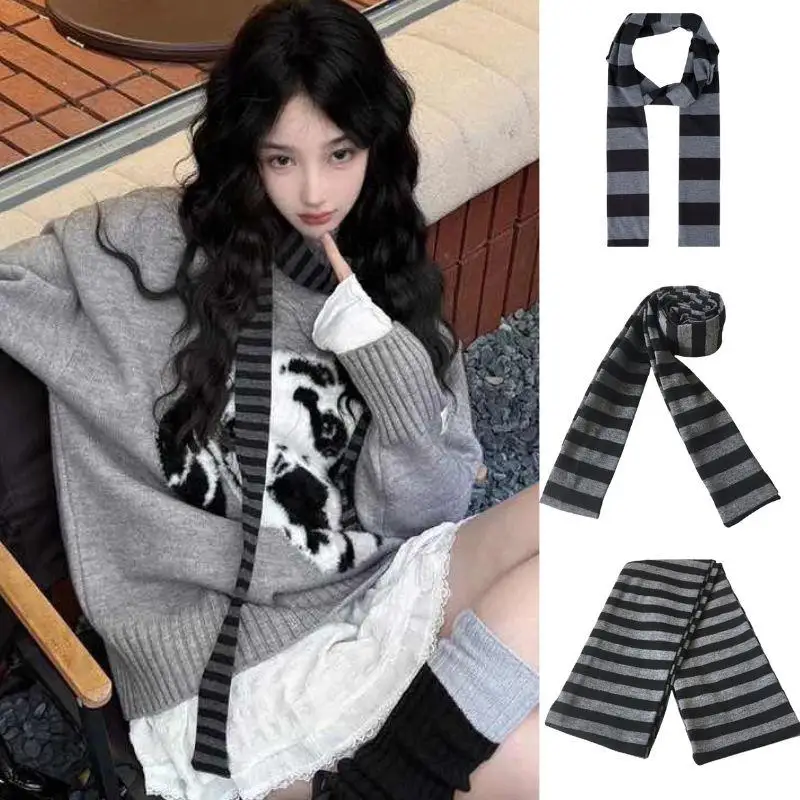 Y2K Black Grey Striped Scarf For Women Cotton Long Scarf Choker Scarf Punk Skinny Thin Neck Warmer Neck Wrap Neckwear Accessory
