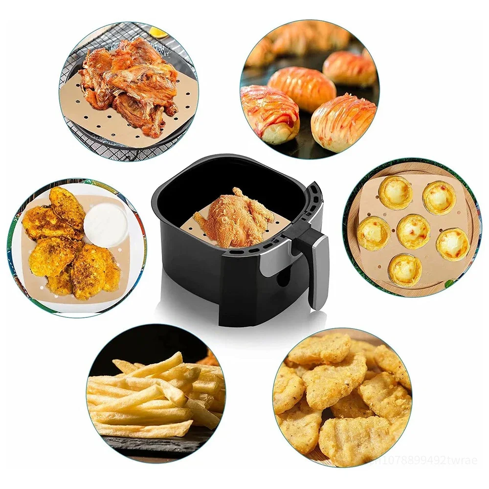 7/8/9 Inch Parchment Paper 100Pcs Square Unbleached Perforated for Air Fryer Steamer Oven Frying Chicken