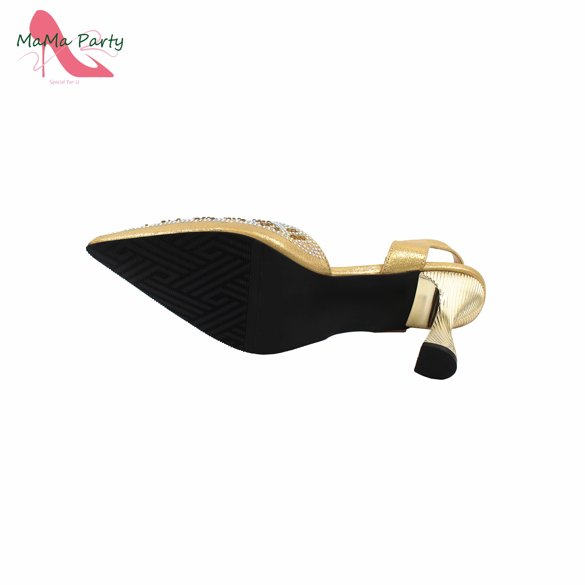 High Quality Elegant Italian Women Design Shoes Matching Bag Set in Golden Color Full Crystal Pointed Toe Pumps for Party