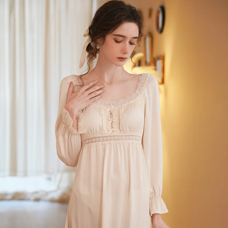SXTHAENOO 2023 New French Fashion Nightdress Ice Silk Long Sleeve Thin Pajamas Nightgowns lingerie for women пижама женская
