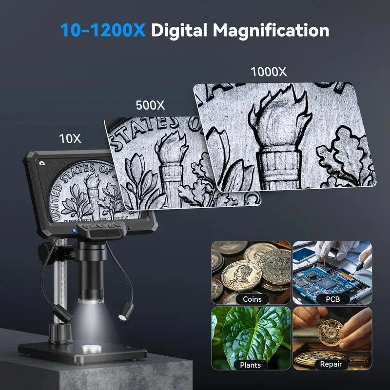 새로운 디지털 현미경 4.3인치 1200배 확대 동전 PCB 회로 수리용 16MP HD 납땜 현미경 조명 포함, PC 보기
