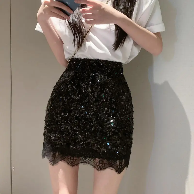 2023 New Summer Sexy Royal Sister Fan Temperament Spicy Girl Sequin Lace Panel High Waist Slim A-line Wrapped Hip Short Skirt
