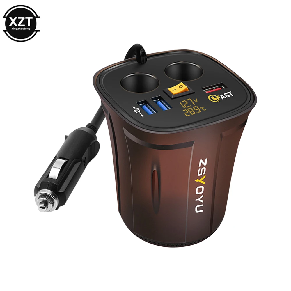 

QC3.0 USB Cup Holder Car Fast Charger Adapter Cigarette Lighter LED Voltage Temperature Display Socket Waterproof Power Switch