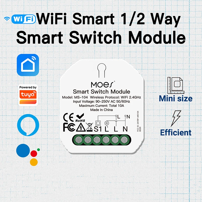 

WiFi RF433 Light Switch Module Smart Life/Tuya App Remote Control,for Reset and Rocker 1 Gang 1/2 Way Multi-control