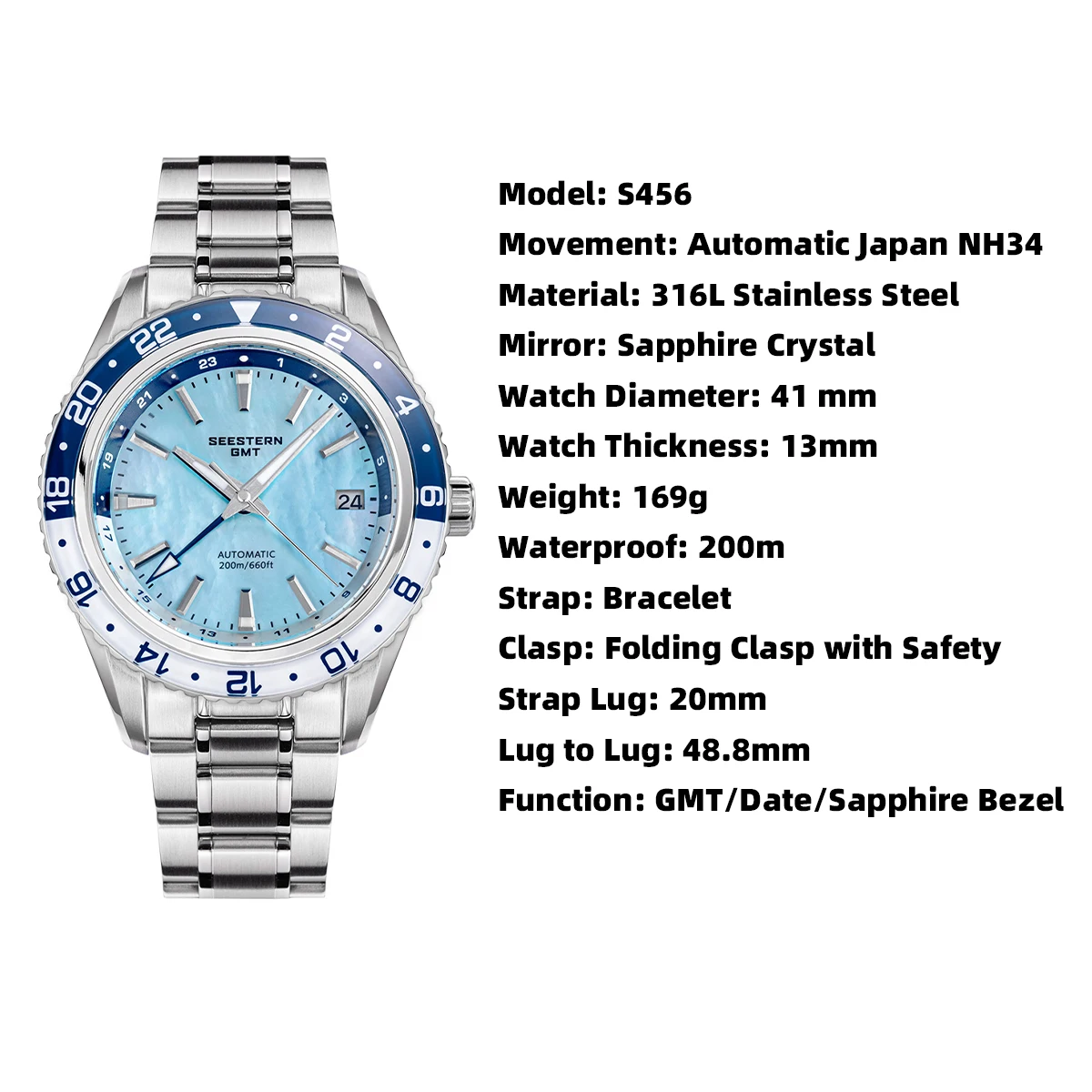 SEESTERN Men of Watch Office GMT Automatic NH34 Movement Sapphire Glass Bezel 20bar Waterproof Diver Mechanical Wristwatch S456 3