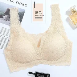 Elegant Seamless Lace Bra with Pads - Breathable Lingerie for M (Beige)