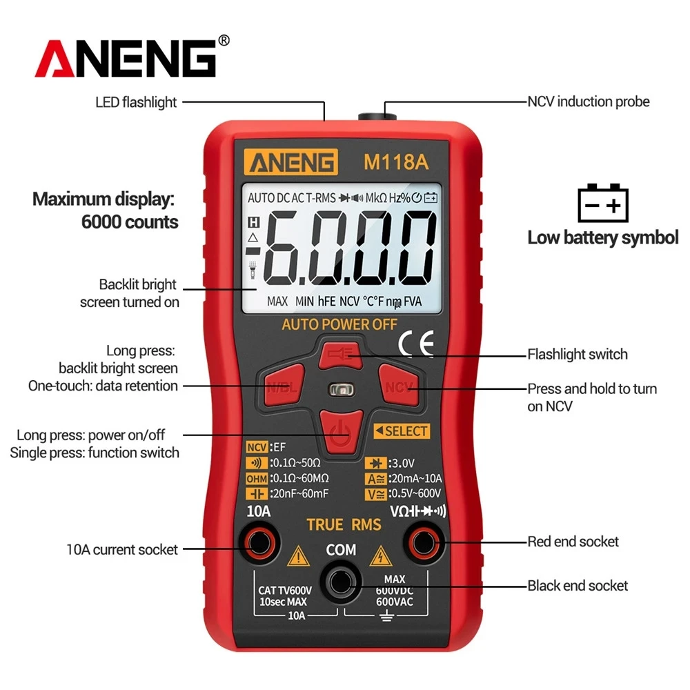 Digital multimeter multimeter tester ANENG M118A Digital Mini Multimeter Tester Auto Mmultimetro True Rms Tranistor Meter With NCV Data Hold 6000counts Flashlight