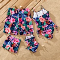 PatPat Family Matching Tropical Floral Drawstring Swim Trunks or Ruched Drawstring Side One-Piece Strap Swimsuit 2
