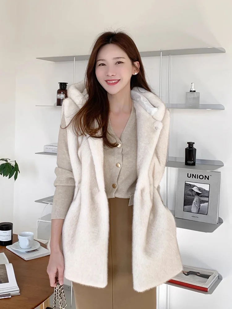 Ele Autumn Winter Vintage Sle Faux Mink Folded Waist Slimming Mid-Length Women's Vest Fur Coat Chic Commute Faion