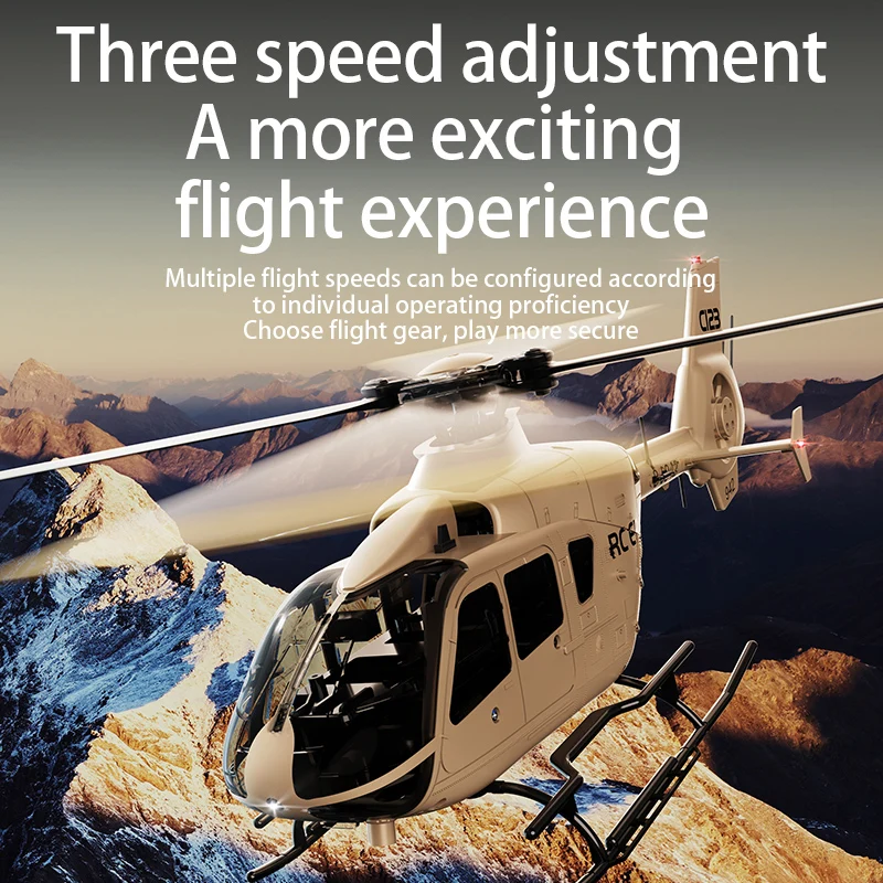 Hélicoptère RC 6CH 3D professionnel en action, vol inversé maîtrisé, ciel dégagé en arrière-plan.