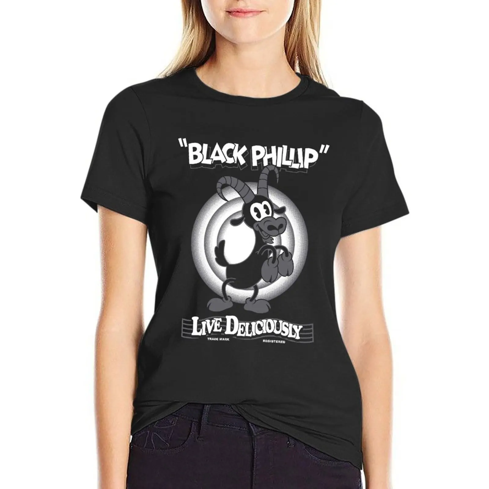 

Black Phillip - Vintage Cartoon - Witch - Goth Occult Live Deliciously T-Shirt woman t shirt Womens clothing Woman T-shirts