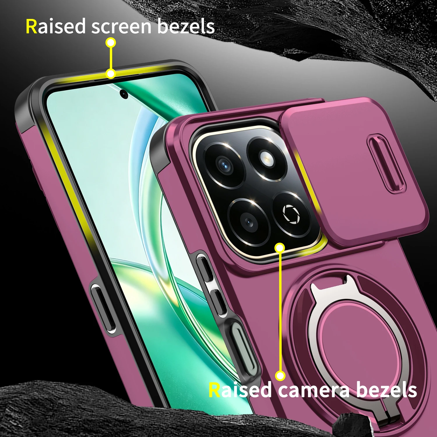 Magnetic Metal Ring Stand Armor Case with Slide Window Lens Protection
