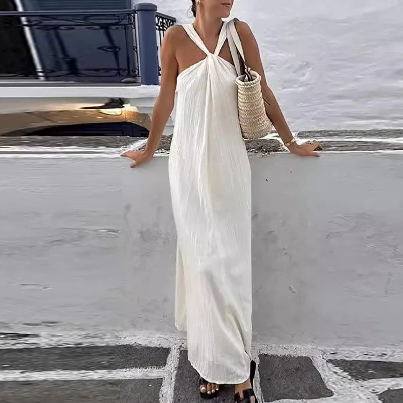 

Женское элегантное Однотонное Платье макси с открытыми плечами и открытой спиной Длинное свободное платье без рукавов с перекрестными лямками