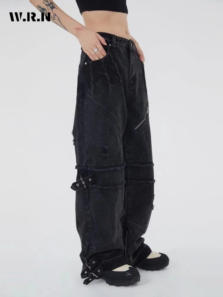 

Женские джинсы с широкими штанинами и поясом, повседневные свободные однотонные брюки из денима с высокой талией в стиле Харадзюку, весна 2024