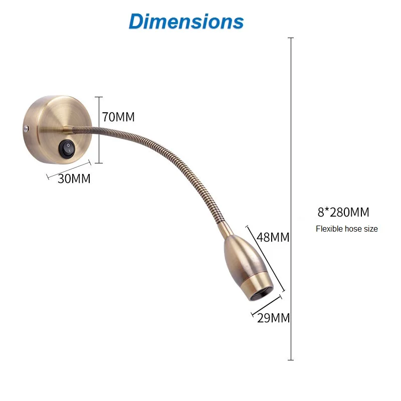 2pcs/Lot 3w 12V DC LED Bronze Bullet Reading Lights Beside Light RV/Caravan/Motorhome/Campervan Boats Flexible Wall Lamp Switch