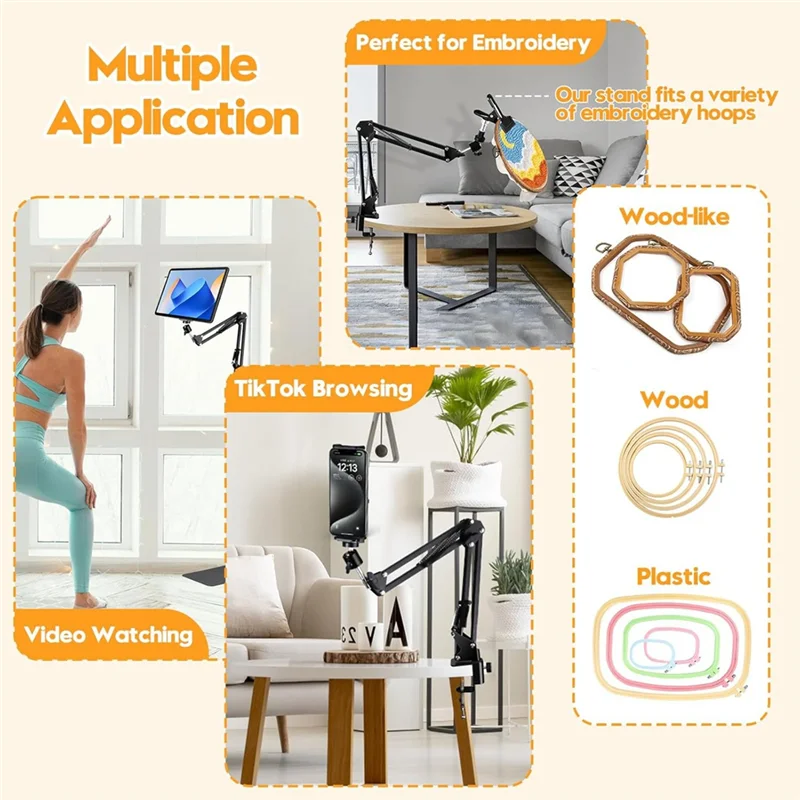 Black Adjustable Embroidery Hoop Stand, 3-In-1 Hoop/Tablet/Phone Holder Floor Stand, Embroidery 360&deg; Rotatable