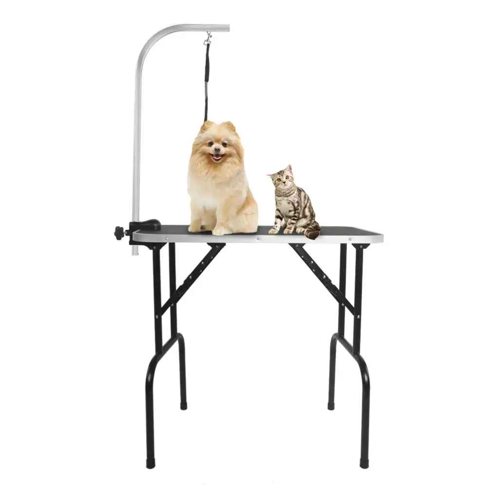 32-Inch Foldable Black Pet Grooming Table with Adjustable Arm for Easy Use