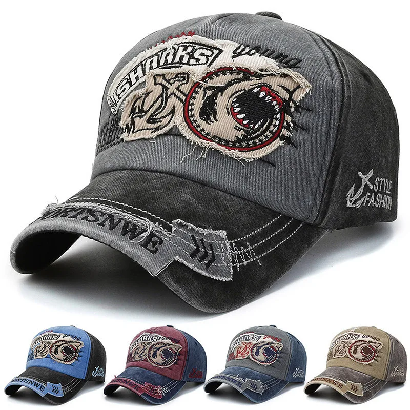 

Retro Shark Embroidered Baseball Caps Cartoon Men Women Cotton Stretch Hip Hop Streetwear Sun Hats