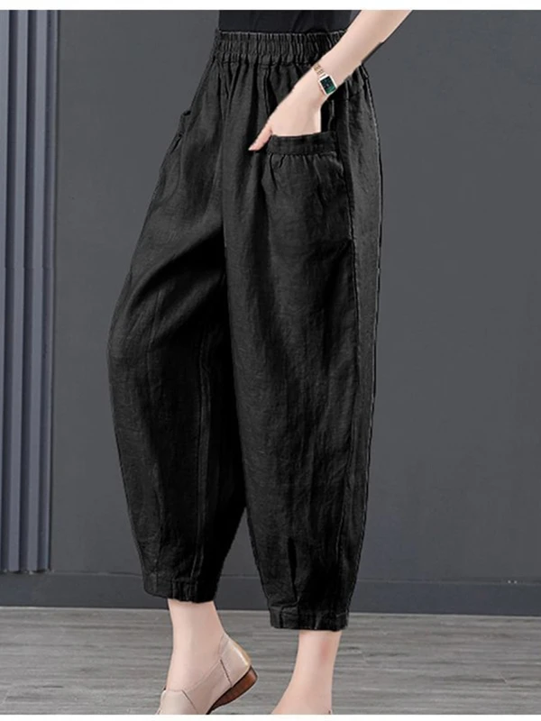High Waist Ice Silk Cotton Linen Lantern Pants Women's Loose Harlan Pants Asymmetric Commute Sle Nine Points Summer 2025