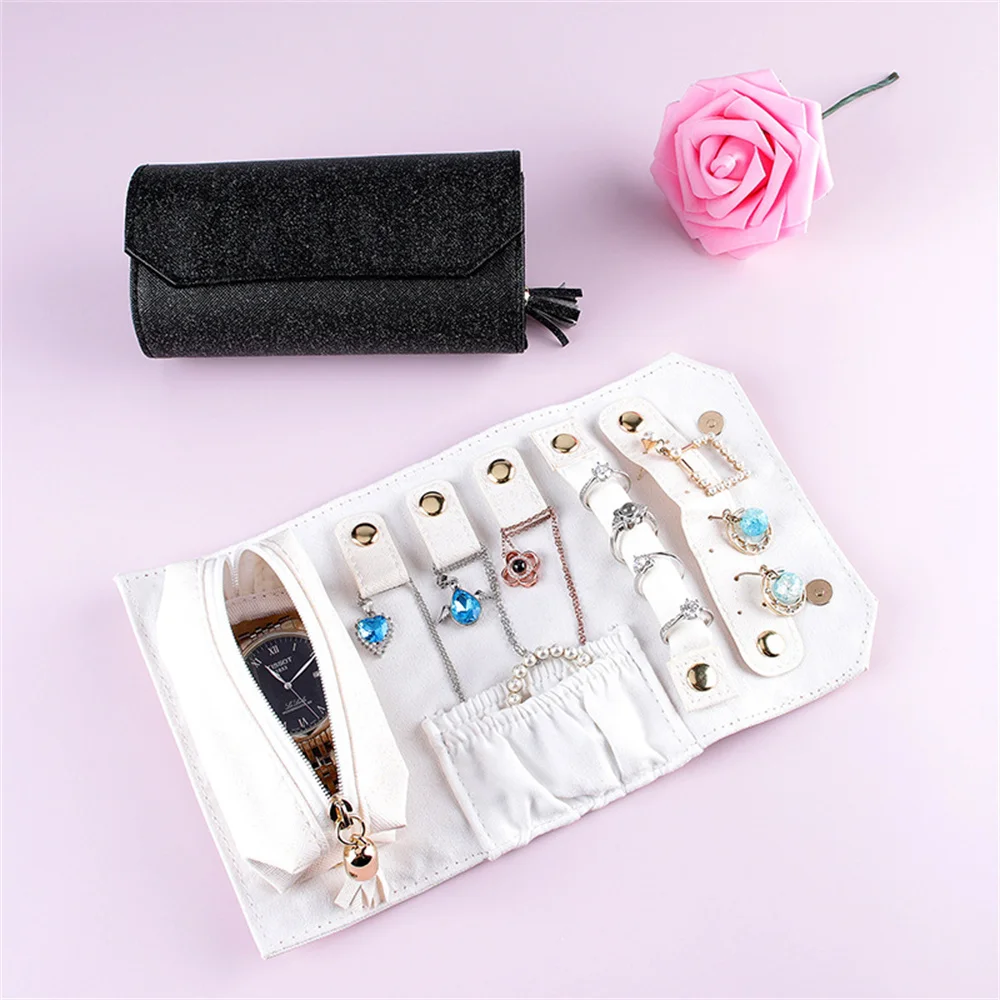 Sparkling Foldable Long Strip Jewelry Storage Bag Portable Ring Necklace Bracelet Earrings Watch Display Roll Handbag Pu 56 grids portable velvet jewelry roll storage bag ring pendant folding travel organizer earrings case zipper bag for necklace