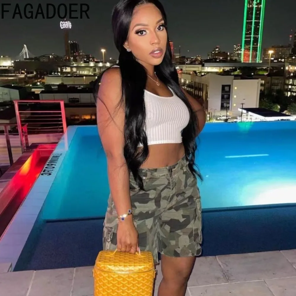 FAGADOER Summer Camouflage Printing Pocket Cargo Shorts Women High Waisted Button Straight Shorts Casual Female Sporty Bottoms