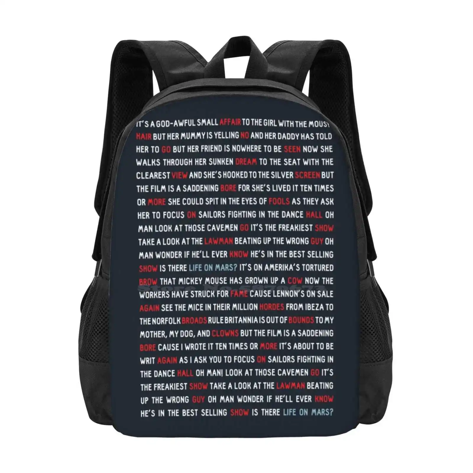 

- Life On Mars Hot Sale Backpack Fashion Bags Pop Music Queen 80s Life On Mars Lyrics Space Oddity Lets Dance Blackstar Heroes