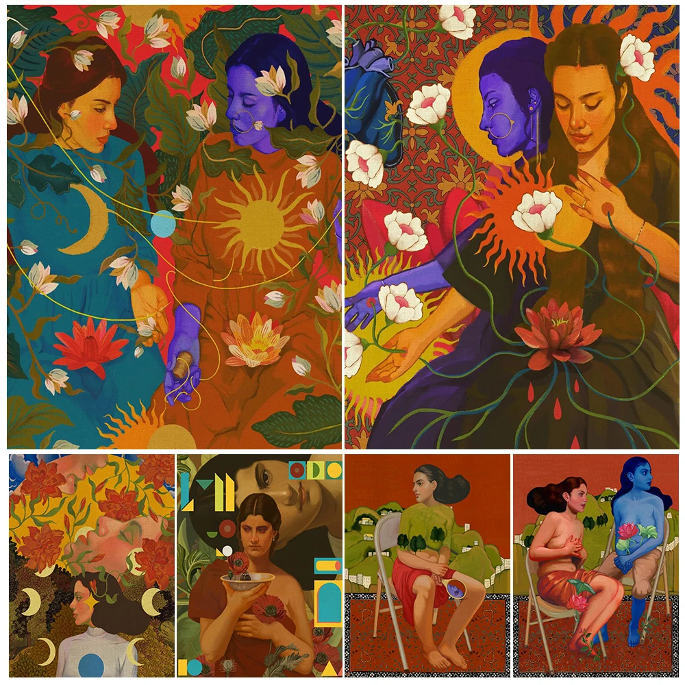 

Vintage Moon Sun Girl Power Friendship Flower Poster Wall Art Canvas Painting Home Decor Wall Pictures For Living Room Unframed