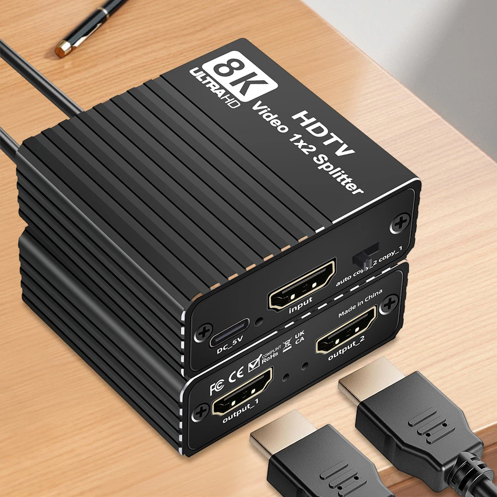 8K HDTV 1X2 Splitter with EDID HDMI-Compatible 1 To 2 Splitter Dual Display Video Splitter for Set-Top Box Game Console Computer