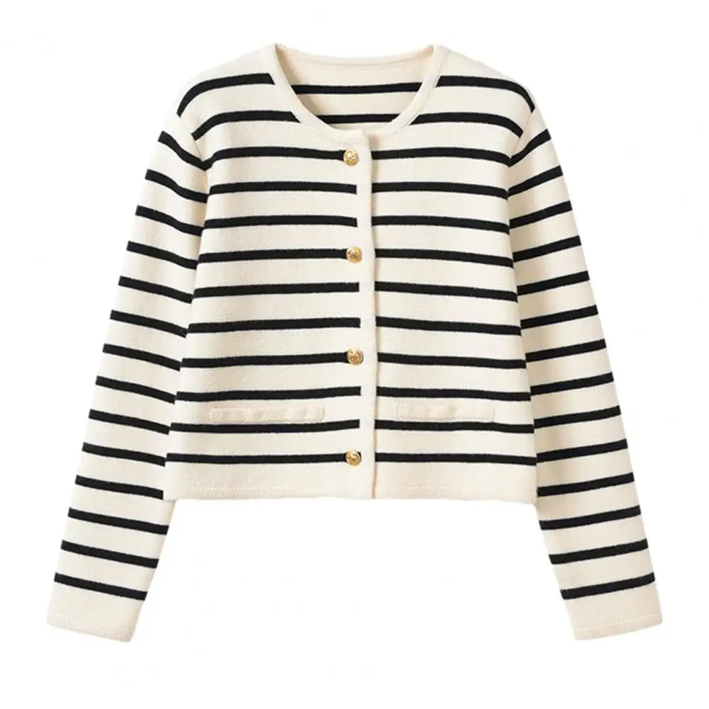 

Knitted Coat Chic Women's Striped Knit Cardigan Cozy Stylish Sweater Coat for Fall/winter with Single-breasted Design Round