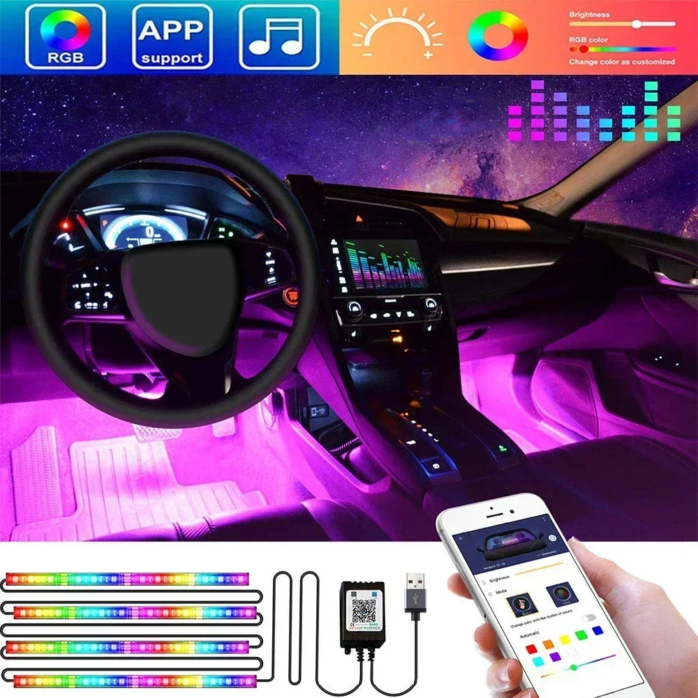 Neon LED Car Foot Light APP Remote Control LED Interior Ambient Lights Auto RGB Multicolor LED Strip Light Atmosphere Decor Lamp
