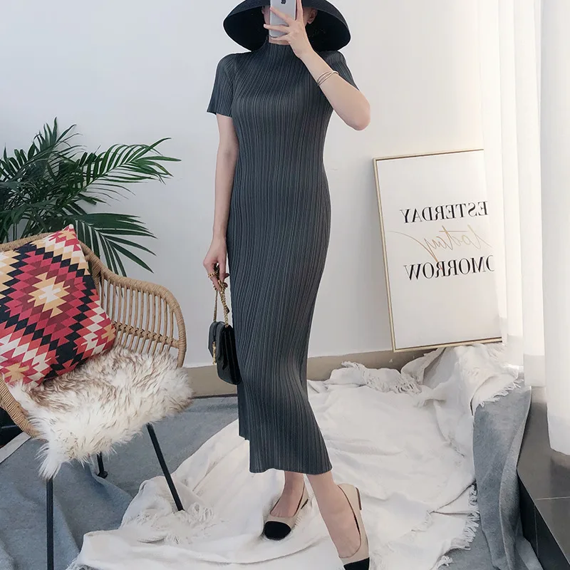 

GGHK Miyake Pleated Women Dress 2023 Autumn Elegant Casual Korean Basic Turtleneck Short Sleeve Long Dress Aesthetic Clothing