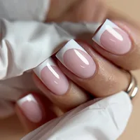 Faux ongles français en acrylique à couverture complète pour filles, faux ongles carrés courts, rose nude, nickel é simple, presse, N64.Art, N64.24 pièces 4