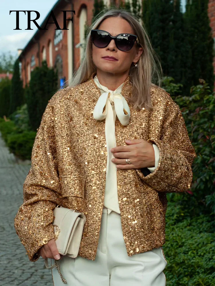 TRAF 2023 Autumn Women Fashion Big Golden Sequins Coat With Zipper Casual Loose Cropped Bomber Jacket Woman High Street Outwear