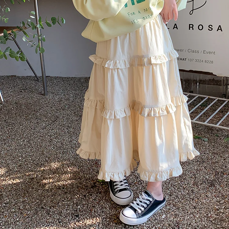 Children Skirts Spring Korean Style Baby Girls Ruffles Beige Skirt Children Layered Skirt
