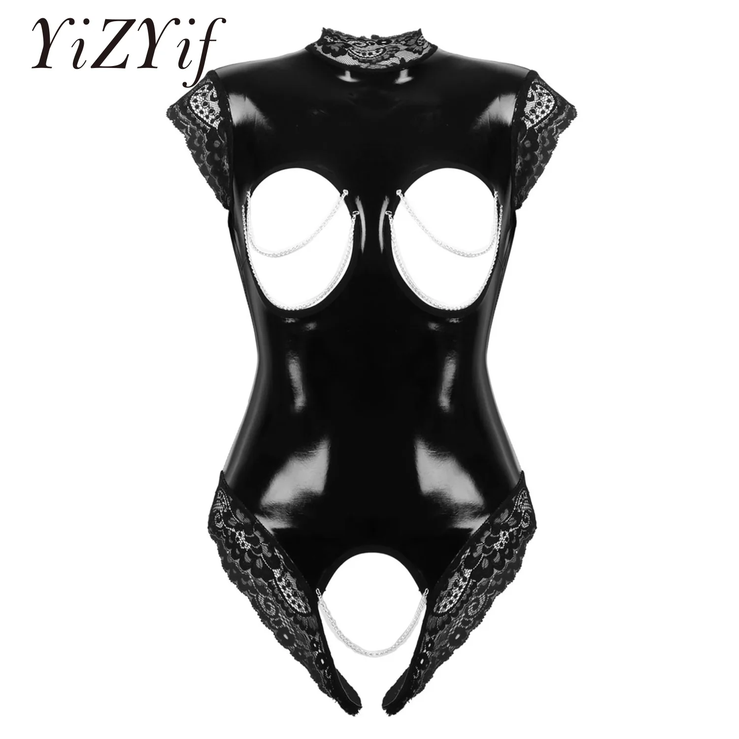 Erotic Latex Body Suit Sexy Cupless Crotchless Lace Teddies Lingerie Femme Wetlook Pvc Catsuit Women Rave Club Wear Nightwear