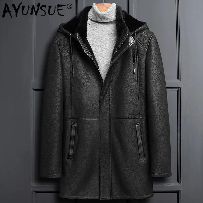 

AYUNSUE Winter Genuine Leather Jacket Men Sheepskin Coat Real Fur Vintage Shearling Jacket Hooded Thick Coats LSY1100 KJ3823