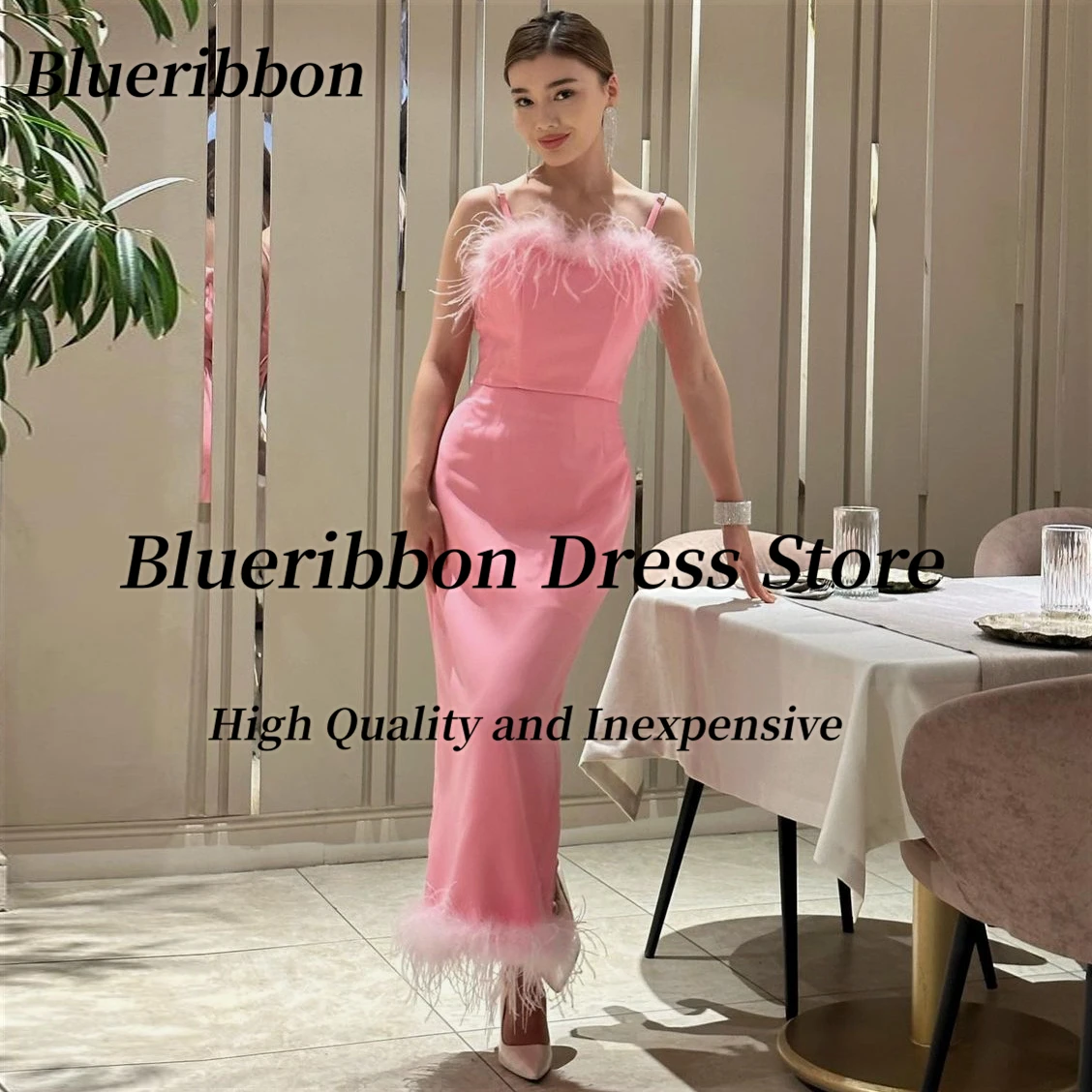 

Женское платье для выпускного вечера Blueribbon, розовое платье на тонких бретелях, с перьями, длиной до щиколотки, 2024