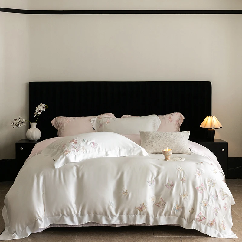 Butterfly Embroidery Luxury Bedding Set 800TC Lyocell Bamboo Fiber Soft Silky Duvet Cover Flat/Fitted Bed Sheet Pillowcases 4Pcs 3