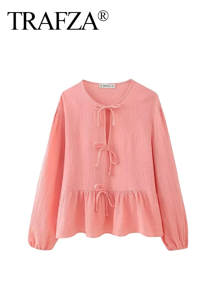 HH Women Fashion Bow Lace Up Shirt Y2k Elegant Pink Long Sleeve O Neck Shirts Summer Female Casual Chic Top Blouse