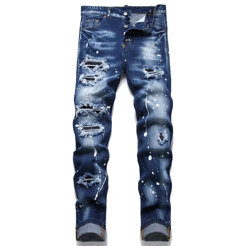 

2024 Mens Stretch Skinny Jeans Quality Men Classic Luxury Brand Blue Denim Pants Male Street Slim Fit Ripped Jeans Size 44-54