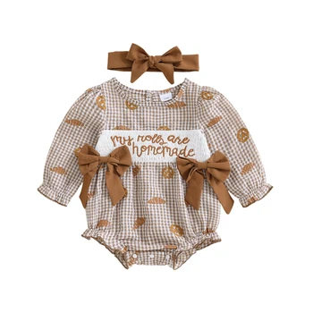 Baby Girl Thanksgiving Plaid Romper and Headband Set – 2 Piece Fall Outfit 1