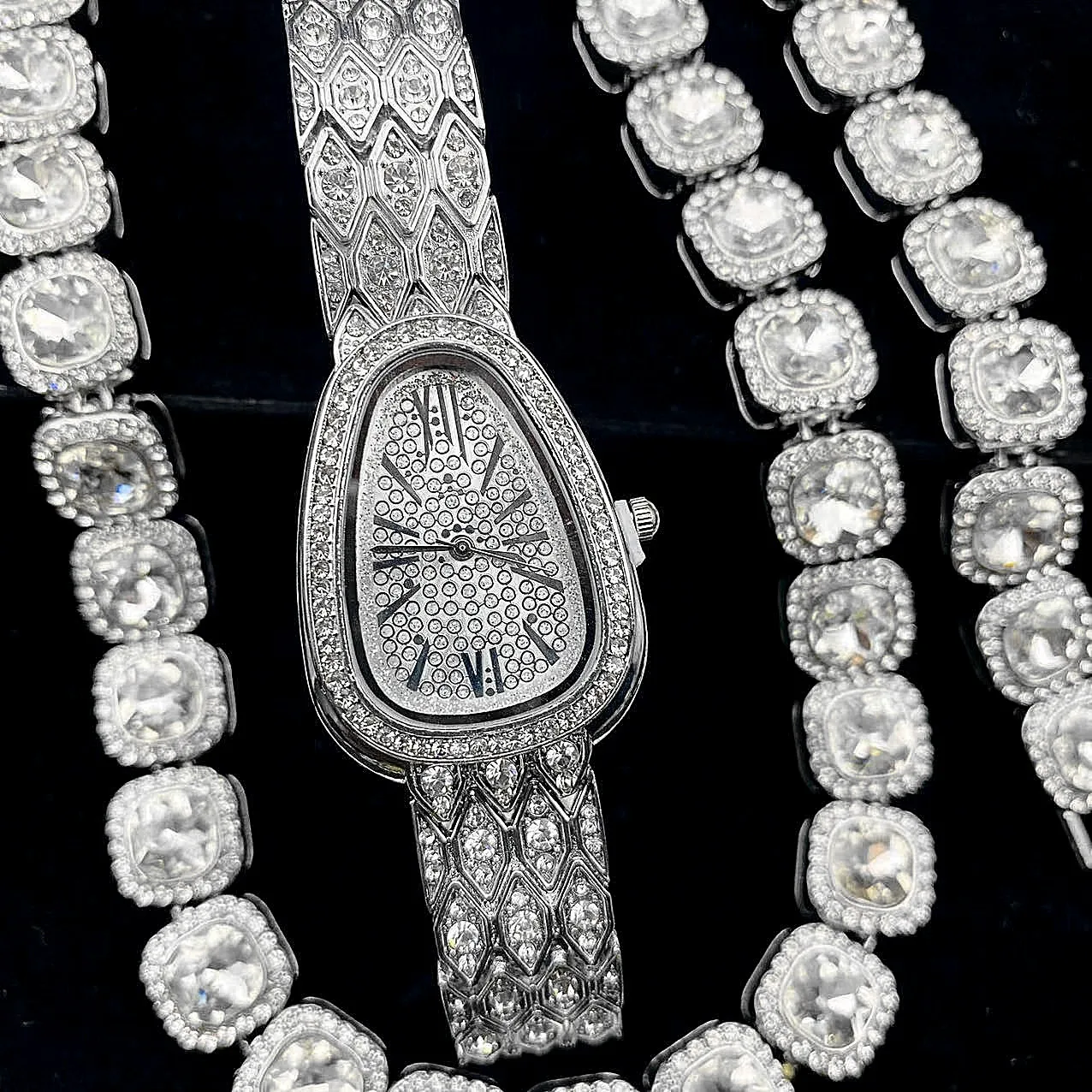 3PCS Iced Out Watches for Women Gold Watch Snake Chains Bracelet Necklaces Bling Bling Diamond Jewelry for Women Watch Set Reloj