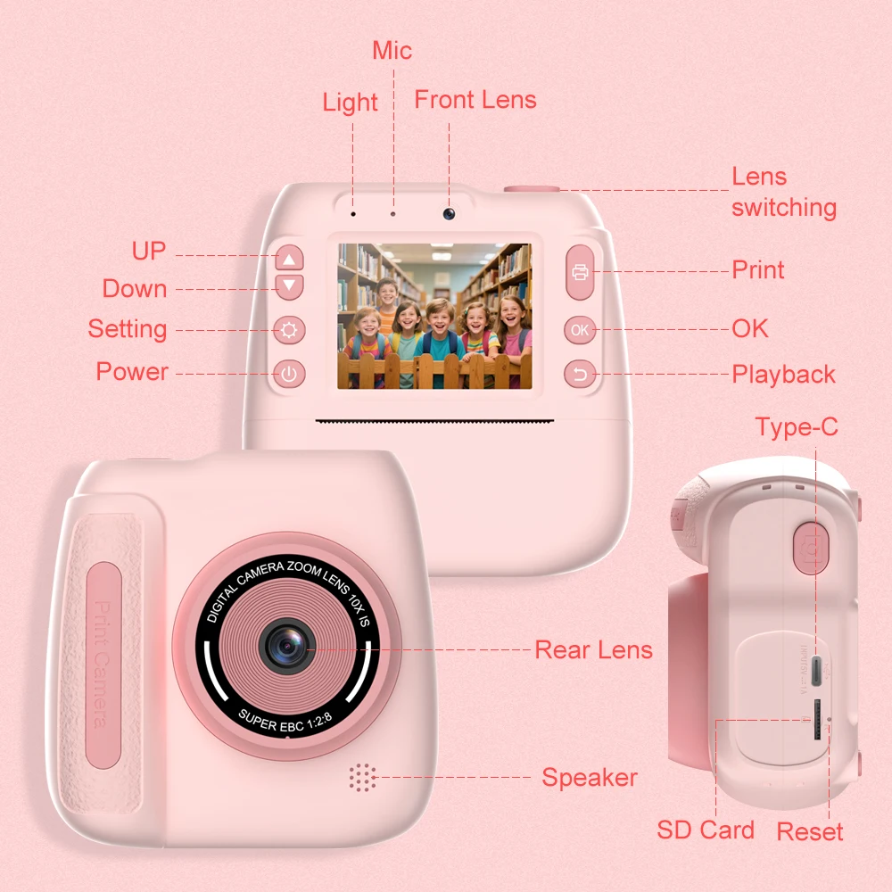 Children Instant Print Portable Thermal Printer 57x25mm Printing Front&Rear Digital Dual Camera 32G-SD Card for Kid Toddler Gift
