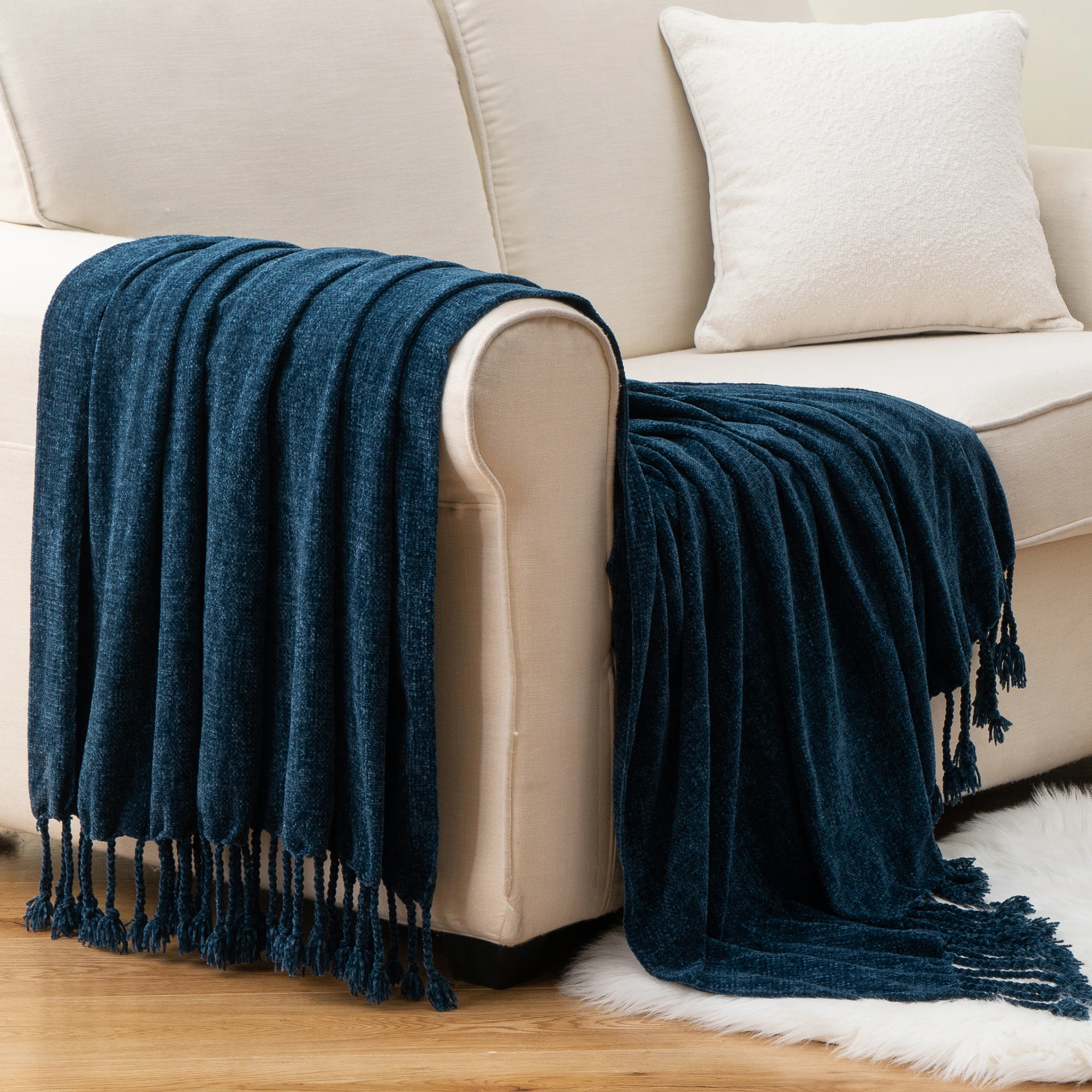 Battilo Chenille Throw Blanket With Fringe Tassels Decorative Lightweight Sofa Blanket Soft Cozy Knit Throws for Spring Decor