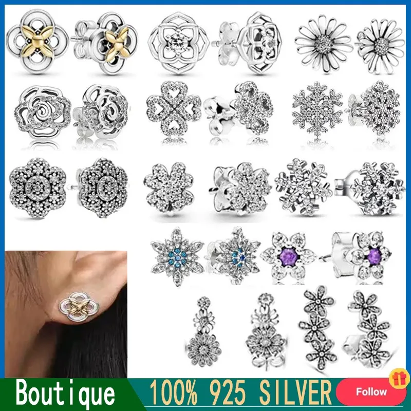 %925 Sterling Silver Hot Selling Sparkling Daisy Rose Earrings Original LOGO DIY Charming Jewelry Gifts Light Luxury Fashion