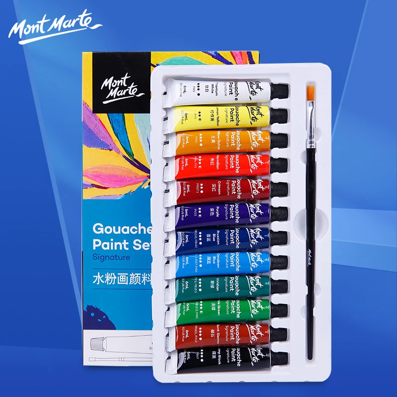 Mont Marte Gouache Paint Set 12/18/24 Colors 6ml/12ml Tubes Non-Toxic Watercolor Paint For Canvas and Paper Beginners, Students