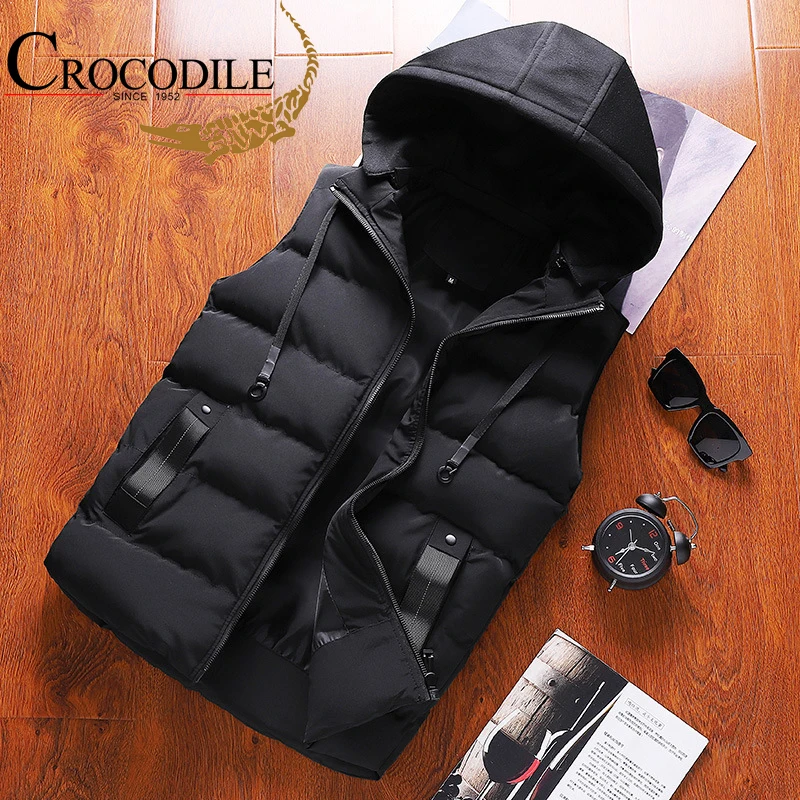 Crocodile brand Men Winter Hooded Sleeveless Jackets Stylish Plus Size Windproof Warm Waistcoat